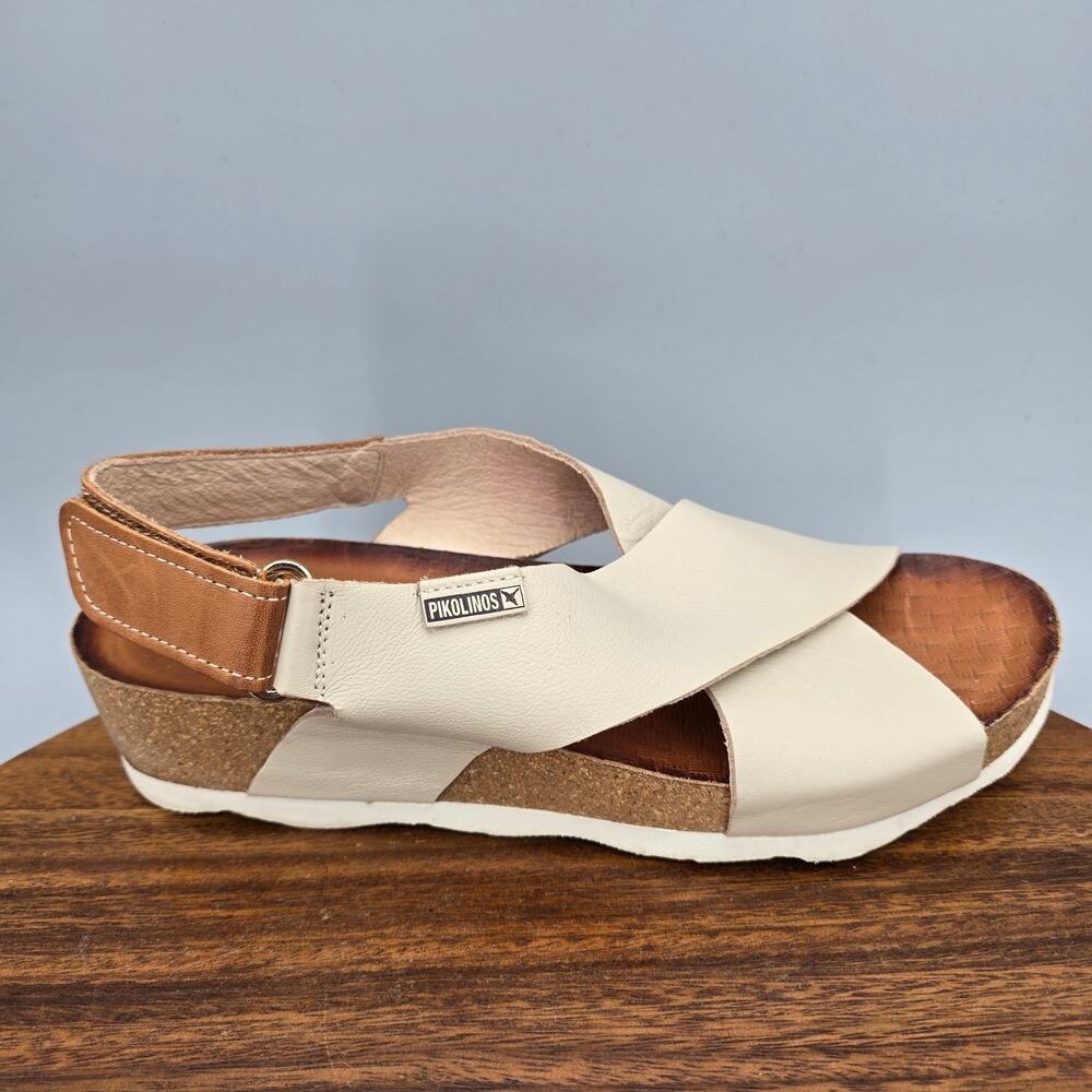 Pikolinos Mahon Sandals Womens 7 Ivory Leather Slingback Adjustable Cross Strap